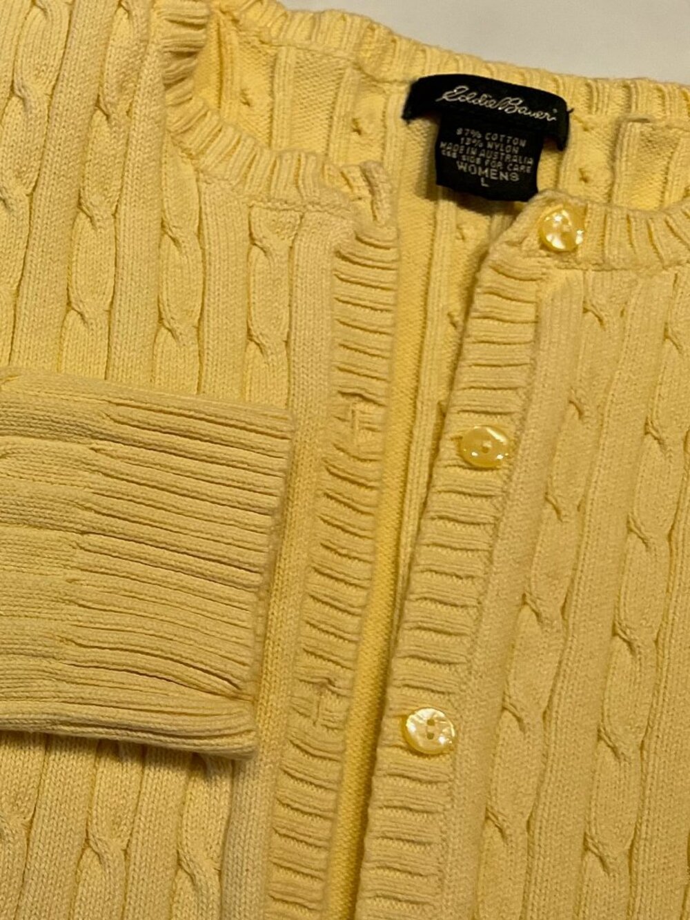 Vintage Eddie Bauer Pastel Yellow Cable Knit Cardigan Sweater Australia Large